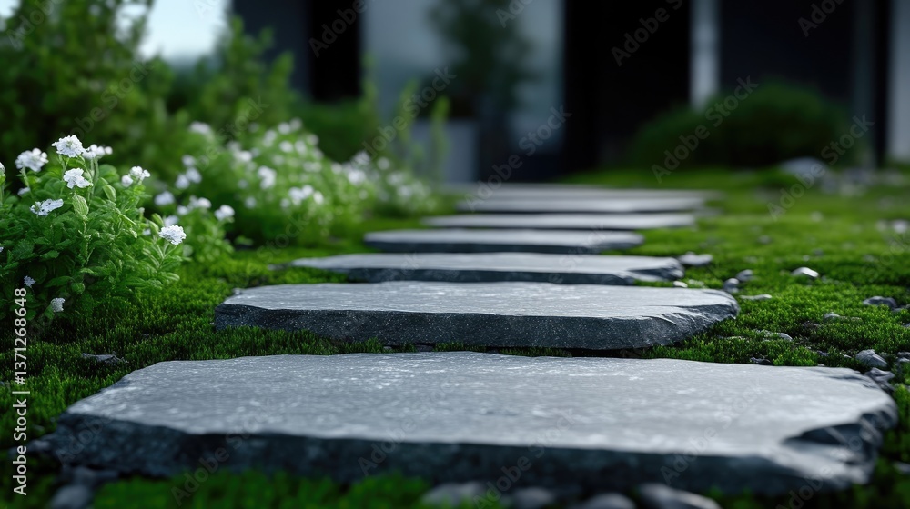 A pathway of dark gray stone slabs winds through a garden filled with lush greenery and small white flowers A pathway of dark gray stone slabs winds through a garden filled with lush greenery and small white flowers