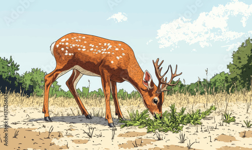 Forced perspective illustration of a deer eating plants on the ground
