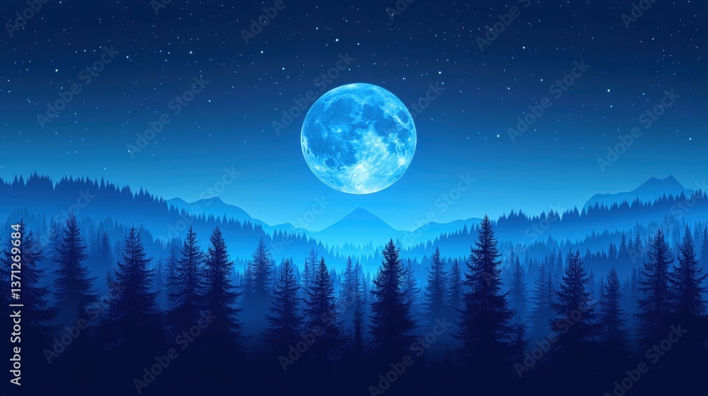 Fototapeta premium A serene vector illustration showcasing a stunning full moon rising above a tranquil forest landscape, perfect for nature lovers.