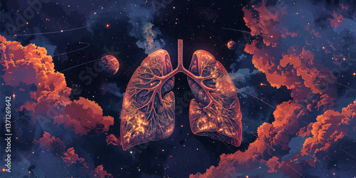Imagining the human lungs as stars, stars, planets, and lines in a starry sky. Modern image.