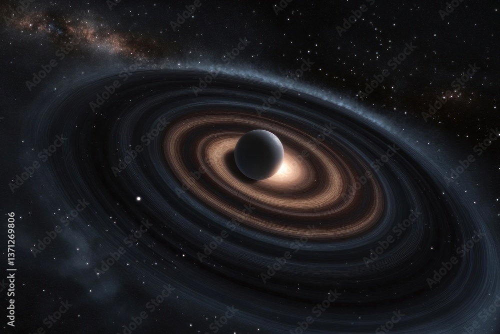 Fototapeta premium An artistic depiction of a planet with ring systems and a glowing core, situated in space, surrounded by stars