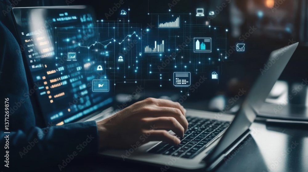 Close-Up of Hands Using a Laptop for Data Analysis – Perfect for Business, Technology, and Financial Concepts Close-Up of Hands Using a Laptop for Data Analysis – Perfect for Business, Technology, and Financial Concepts