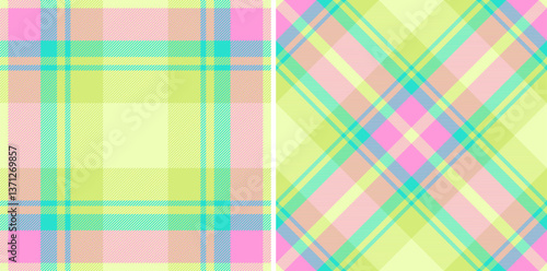 Pastel plaid patterns, perfect for spring  summer designs. Two vibrant seamless textures offer a cheerful, youthful aesthetic. Ideal for textiles, apparel, packaging, and website backgrounds.