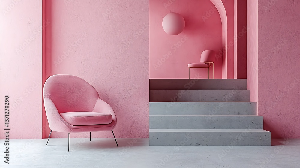 Pink interior design with steps and chair Pink interior design with steps and chair