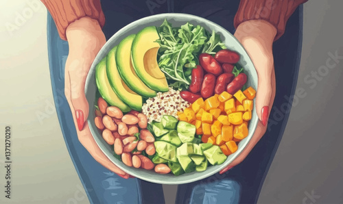 Healthy vegetarian dinner. Woman in jeans and warm sweater holding bowl with fresh salad, avocado, grains, beans, roasted vegetables, close-up. Superfood, clean eating, vegan, dieting food concept