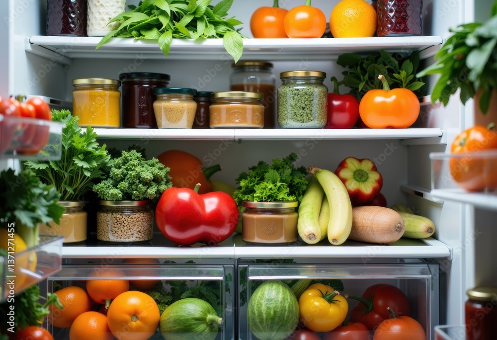Fresh fruits and vegetables neatly organized in a refrigerator Fresh fruits and vegetables neatly organized in a refrigerator