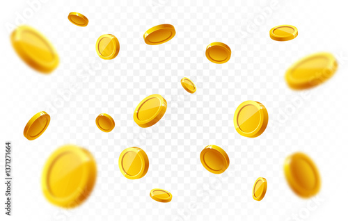 Realistic gold coin. Explosion of gold coins, vector illustration.