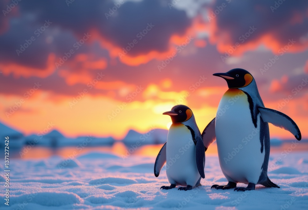 Fototapeta premium Two emperor penguins standing on snow at sunset, showcasing their beauty