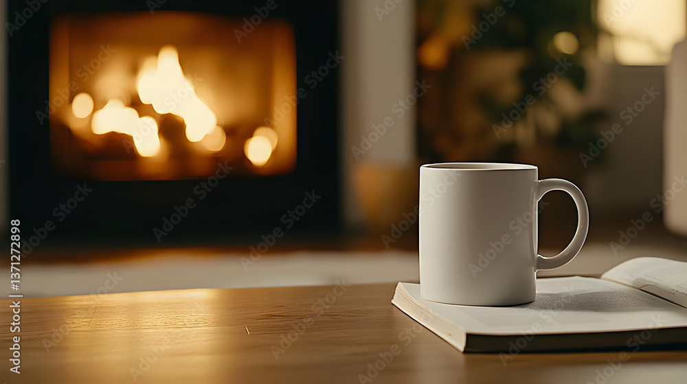 Fototapeta premium Cozy Scene By Fireplace With Coffee Mug And Book