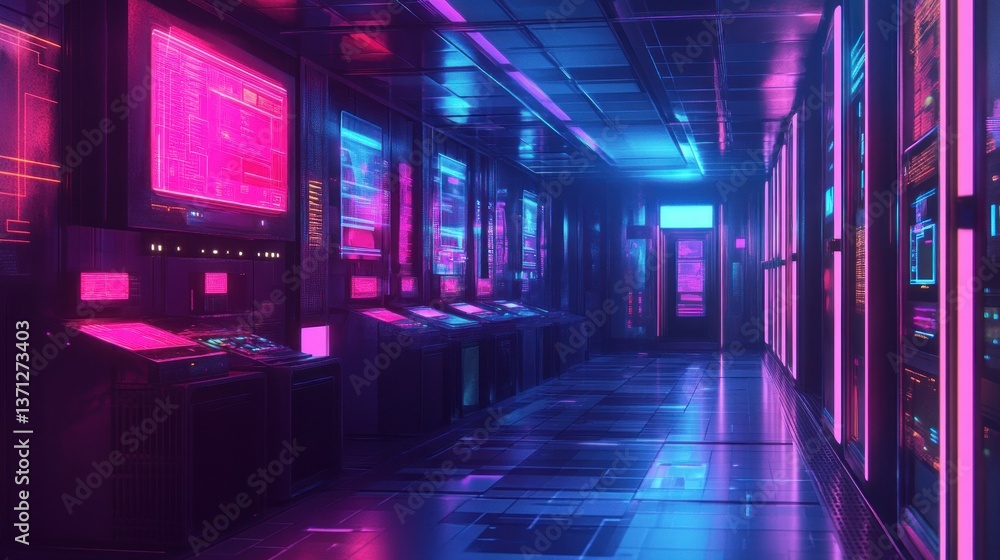 Fototapeta premium Exploring Futuristic Server Room with Neon Lights and Advanced Technology