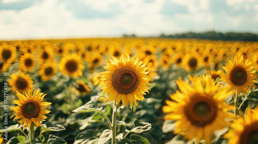 Fototapeta premium A vast field of sunflowers in full bloom under a partly cloudy sky.