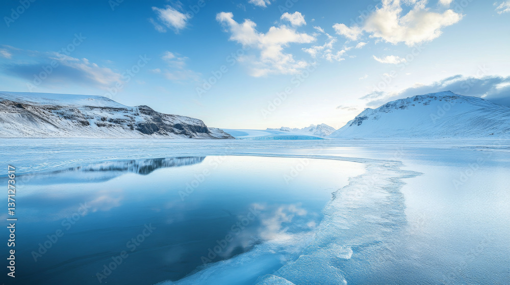 Fototapeta premium Textured background of blue ice on smooth surface of frozen lake water in winter in vatnajokull national park