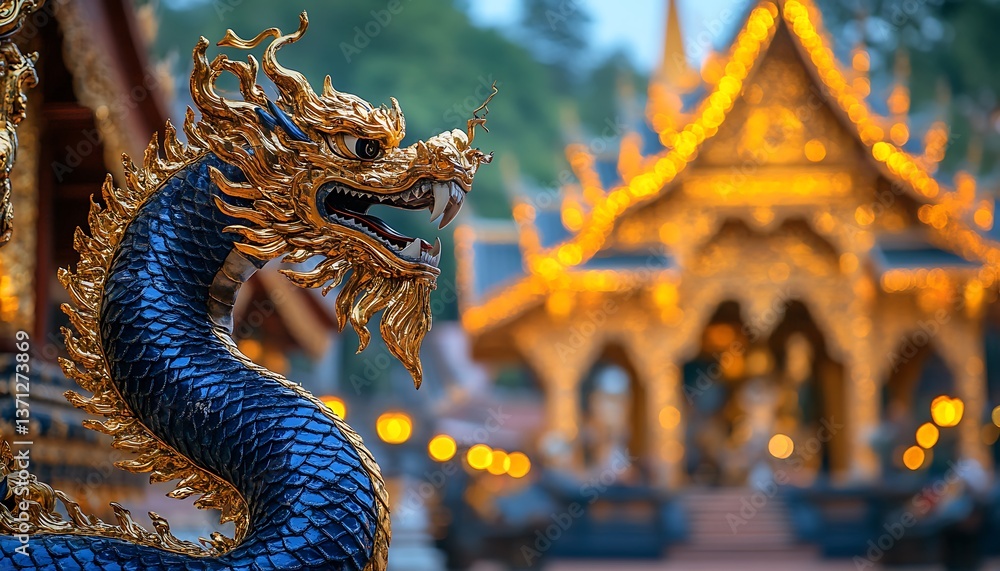 Fototapeta premium Dragon statue at Thai temple at dusk