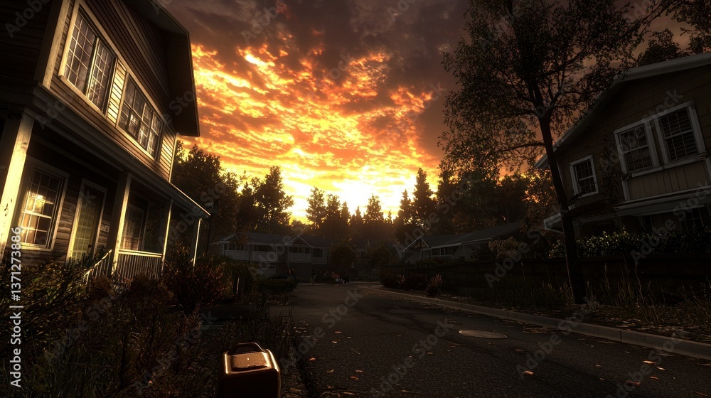 Serene suburban sunset with colorful clouds over a quiet neighborhood street and houses Serene suburban sunset with colorful clouds over a quiet neighborhood street and houses