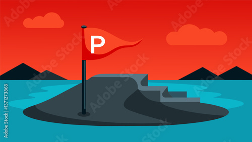 A bright red warning flag p near the edge of a coal ash waste pond signaling the high levels of heavy metals in the water.. Vector illustration