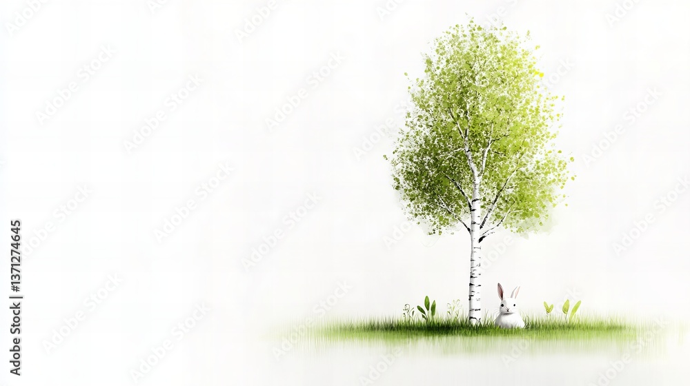 Fototapeta premium White rabbit rests near a birch tree surrounded by green grass in an illustration.