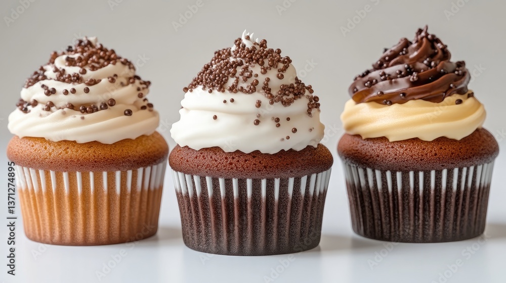 Three cupcakes in a row, showcasing different flavors and toppings. Each cupcake features a different frosting color and topping Three cupcakes in a row, showcasing different flavors and toppings. Each cupcake features a different frosting color and topping