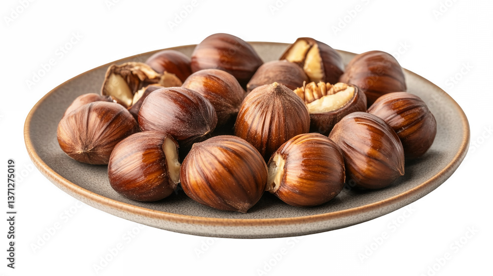 Obraz premium A plate of roasted chestnuts with their shells slightly cracked isolated on a transparent background