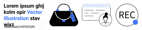 Black handbag with price tag, user avatar in webpage, REC button with dot indicator. Ideal for e-commerce, fashion, identity, technology, communication, interface flat landing page banner