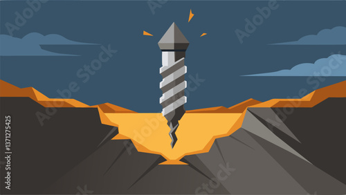A drill bit shattering through a layer of rock signaling a breakthrough in the drilling process and a step closer to utilizing geothermal energy.. Vector illustration
