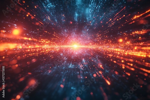 Energy beams intersecting in a dark void, forming a glowing digital nexus
