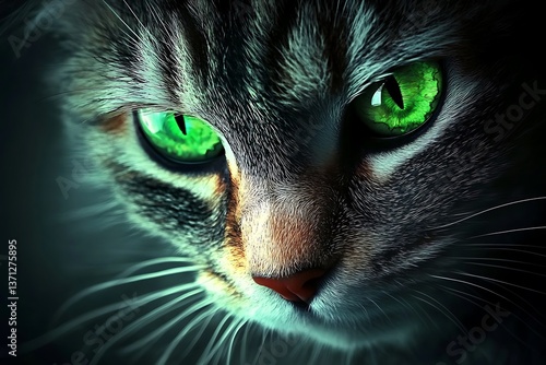 Lovely zoom-in of a cat with bright green eyes gazing softly under gentle light with rich texture  
