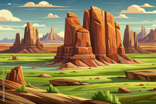 green rugged rock formations desert by an open wind swept plain