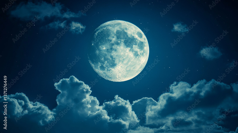 Amazing scenery of white glowing moon with craters in black sky with clouds at night Amazing scenery of white glowing moon with craters in black sky with clouds at night