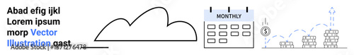 Cloud graphic, monthly calendar, financial stacks, and upward growth chart combine abstract elements. Ideal for finance, technology, planning, productivity, cloud solutions data management simple