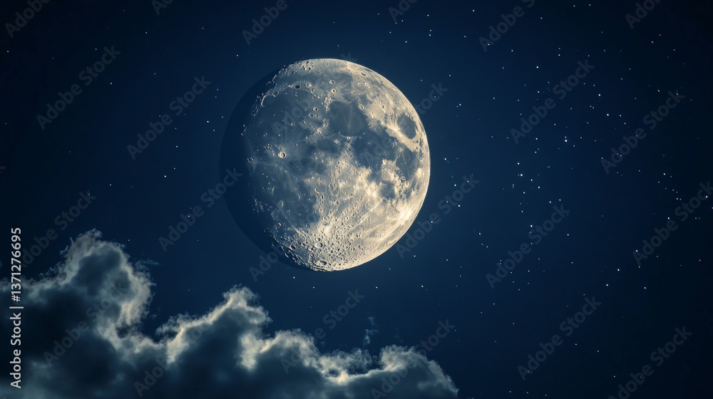 Fototapeta premium Amazing scenery of white glowing moon with craters in black sky with clouds at night
