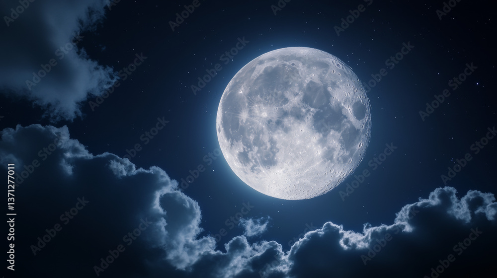 Amazing scenery of white glowing moon with craters in black sky with clouds at night Amazing scenery of white glowing moon with craters in black sky with clouds at night
