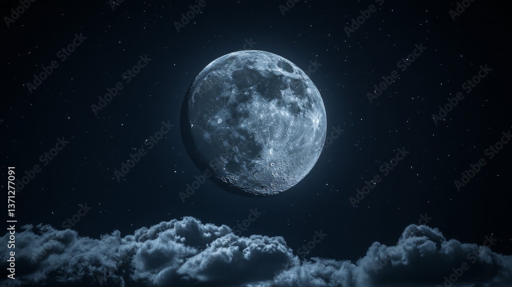 Naklejka premium Amazing scenery of white glowing moon with craters in black sky with clouds at night