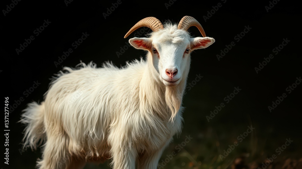 Fototapeta premium White goat with twisted horns stands calmly in a dark setting, showcasing its fluffy coat and curious expression during daylight