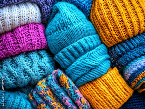 Colorful Knitted Hats & Scarves Pile-up