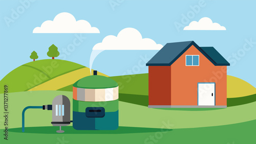 A compact biogas unit installed next to a rural farmhouse providing a selfsufficient energy source for a family living off the grid.. Vector illustration