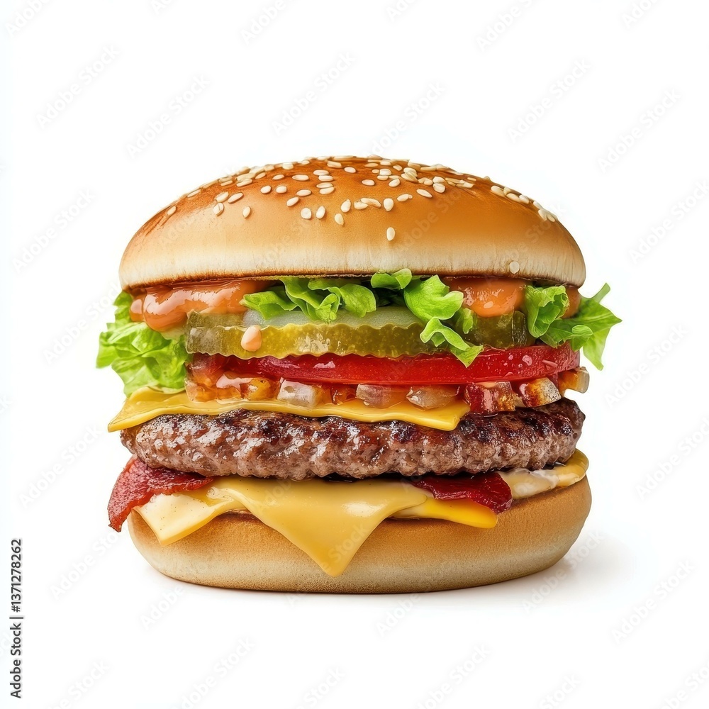 A classic burger on a white background, showcasing its juicy patty and fresh toppings in full detail. A classic burger on a white background, showcasing its juicy patty and fresh toppings in full detail.