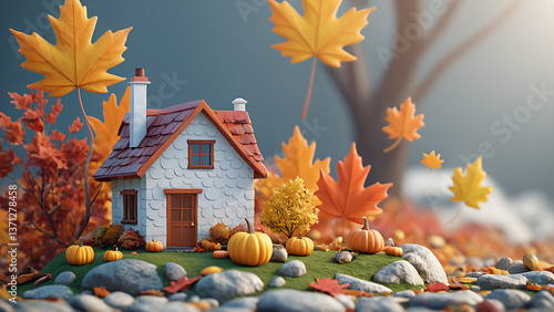 small toy house with falling autumn leaves