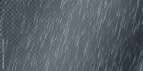 Rain drops on transparent background. Falling water drops. Nature rainfall. Vector illustration
