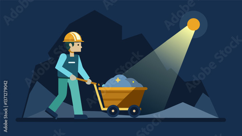 A coal miner headlamp firmly in place guiding a large cart full of coal out of the mine and into the light.. Vector illustration