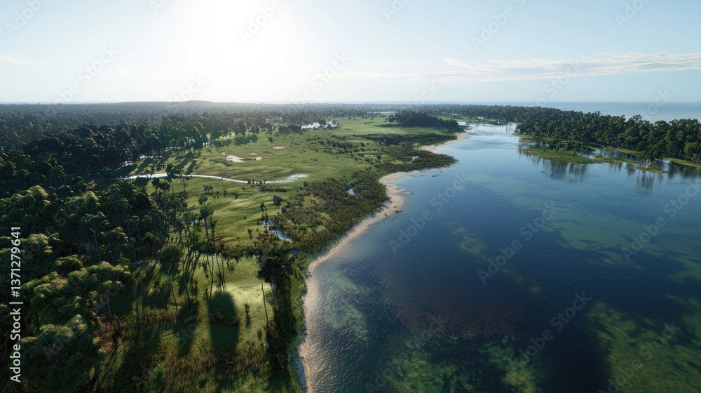 Aerial view of a serene golf course beside a tranquil lake surrounded by lush greenery Aerial view of a serene golf course beside a tranquil lake surrounded by lush greenery