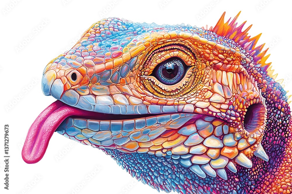 Bright artwork of a lizard’s head with fine details and vivid strokes as its tongue darts out
Bright artwork of a lizard’s head with fine details and vivid strokes as its tongue darts out