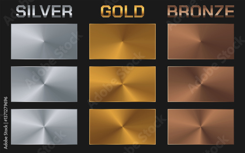 Collection of silver, gold, and bronze metallic gradient. Vector illustration