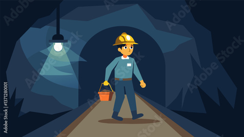 A coal miner his headlamp revealing the s of coal beneath his feet as he walks through the narrow tunnels.. Vector illustration