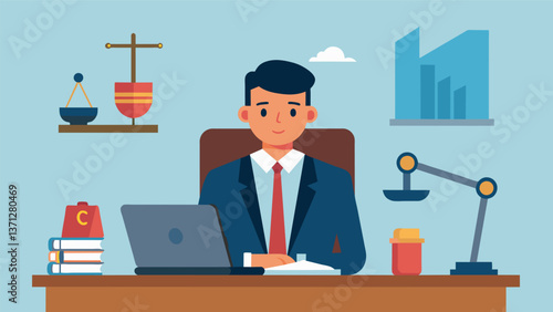 A lawyer sitting at their desk carefully reviewing existing regulations and proposing updates to ensure safe and ethical practices in the oil and gas. Vector illustration