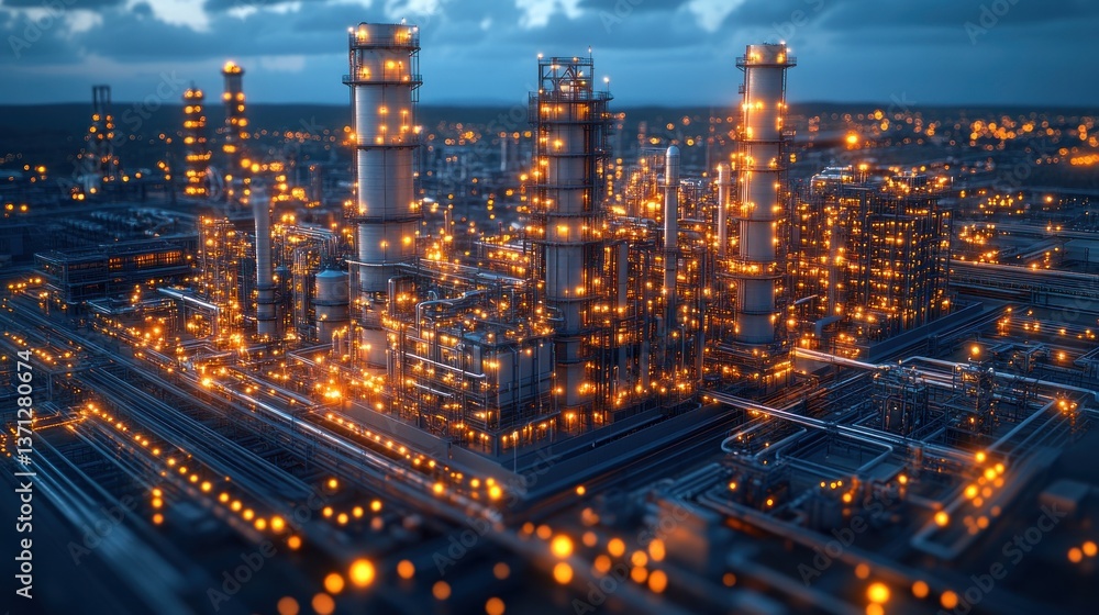 Fototapeta premium Night View of an Illuminated Industrial Refinery Complex