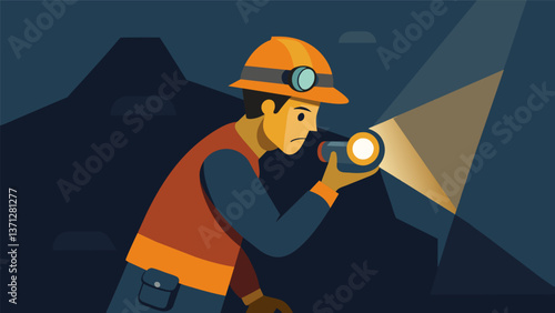 A coal miner his headlamp casting a warm golden light inspecting the quality of the coal before mining it.. Vector illustration