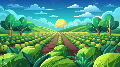 A captivating image of a green vegetable field slowly growing under a blue sky