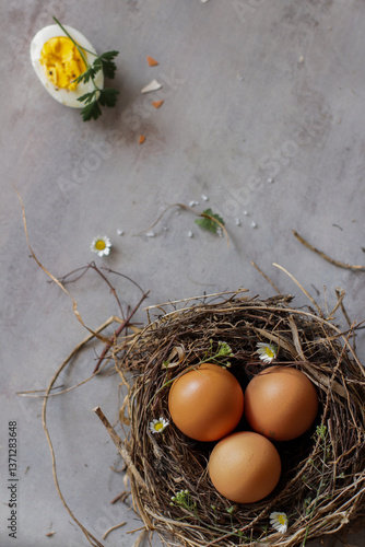 Eggs in shells in a nest, daisies and a halved egg, minimalist Easter composition, spring wallpaper, Easter card.