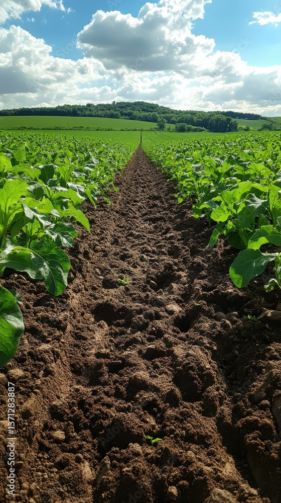 Rows of vibrant green plants dot the expansive field, surrounded by lush hills. The soil is rich and well-tilled, reflecting the care taken in cultivation under a sunny sky Rows of vibrant green plants dot the expansive field, surrounded by lush hills. The soil is rich and well-tilled, reflecting the care taken in cultivation under a sunny sky