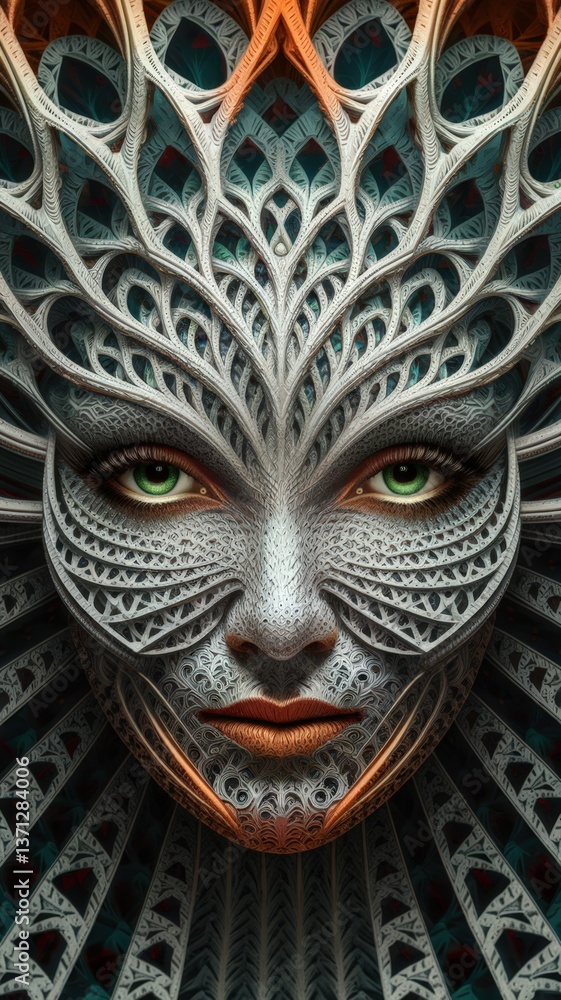 Naklejka premium Intricate face design with tree-like patterns and green eyes
